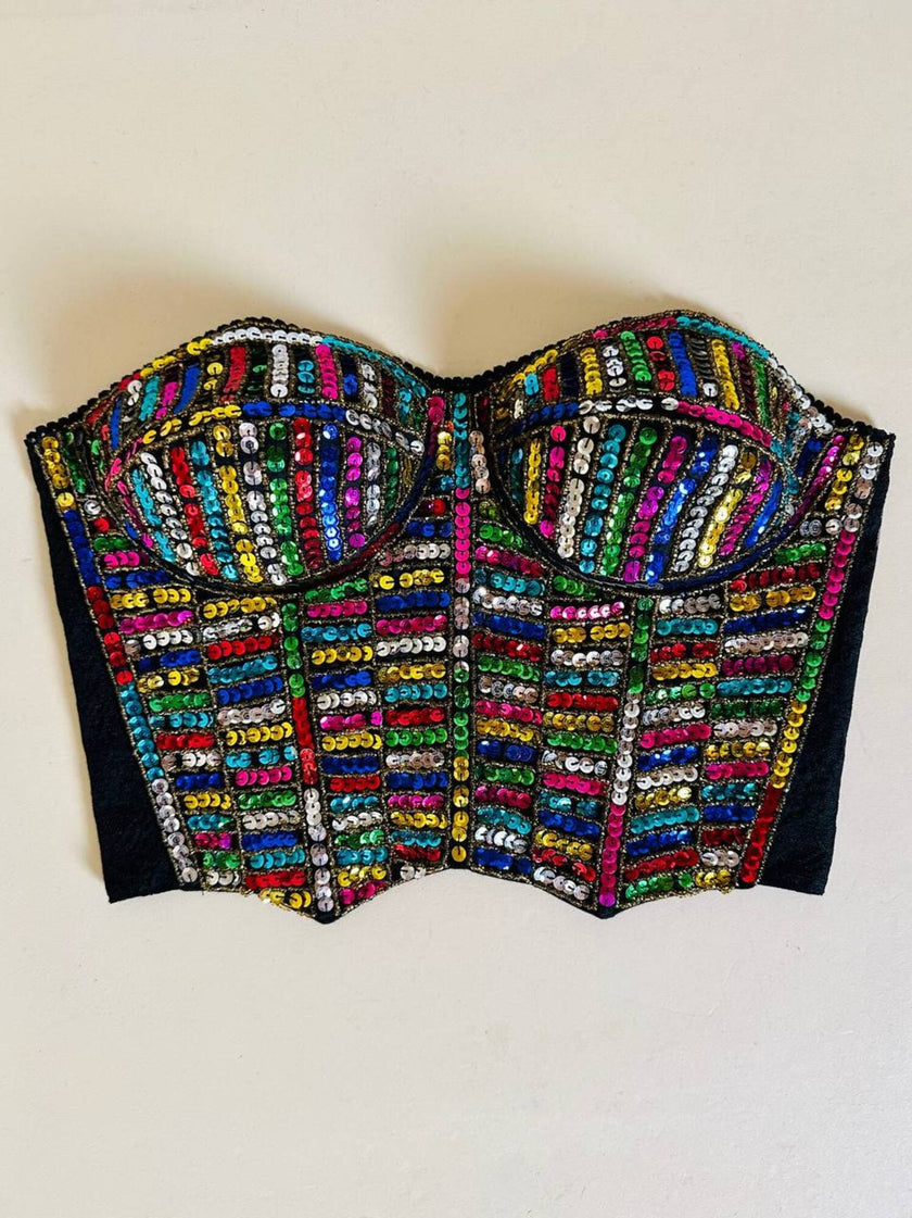 Bustier in paillettes multicolor e pizzo nero