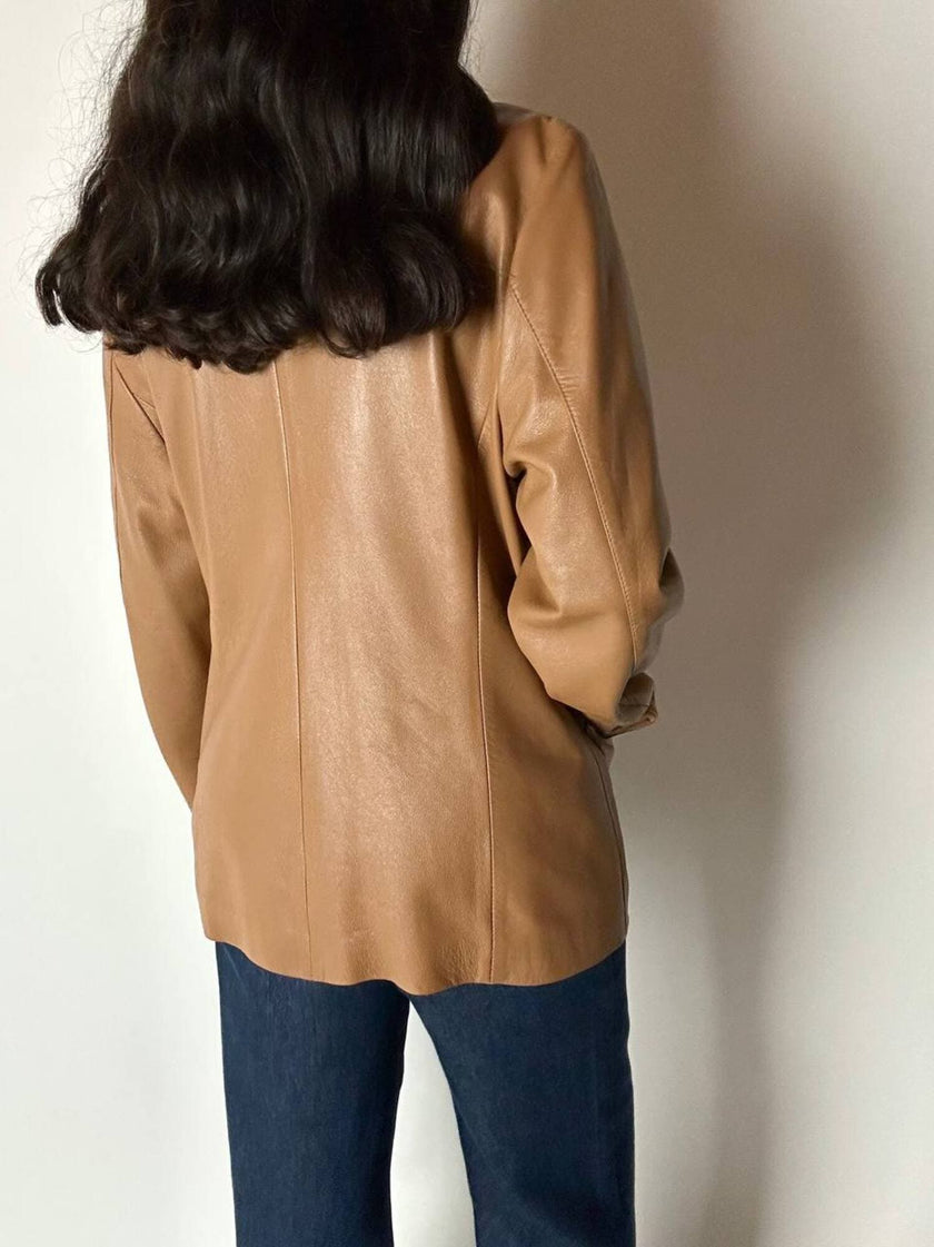 Vintage tan leather jacket with hand-stitched detailing by Claude Collections