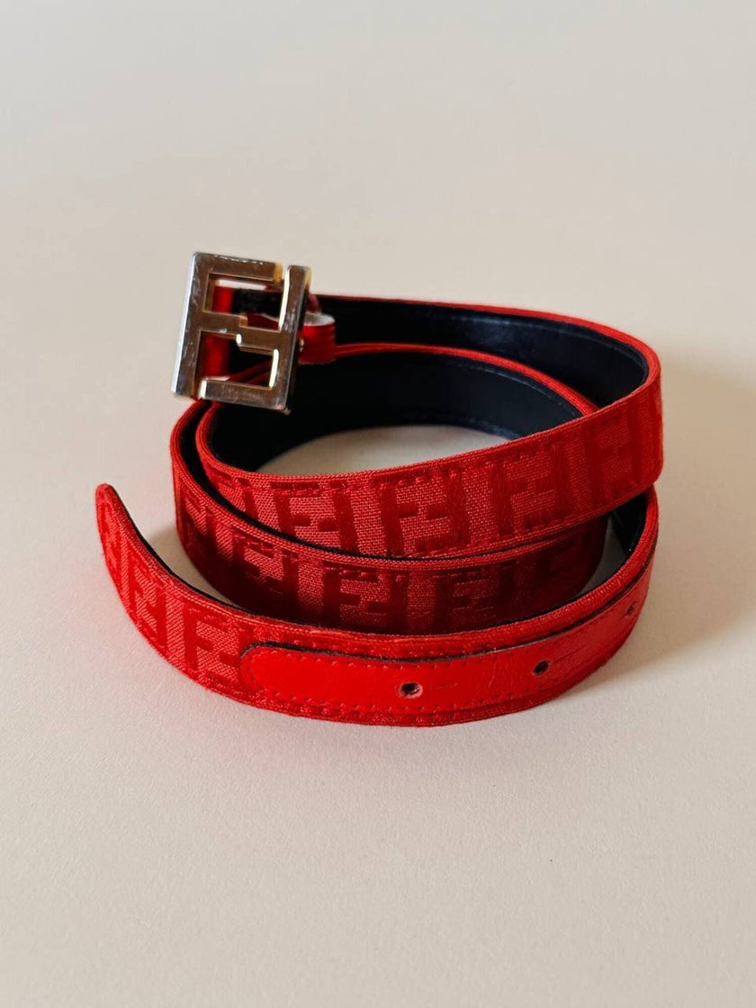 Cintura rossa in tessuto Jaquard con fibbia logo dorata “Fendi”