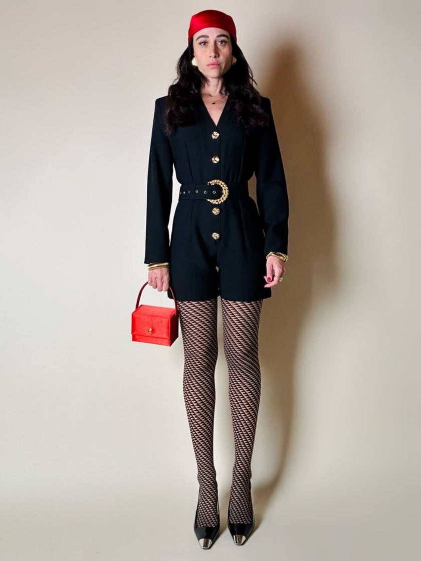 Mini Jumpsuit nera in rasato di lana con bottoni gioiello e cintura in coordinato