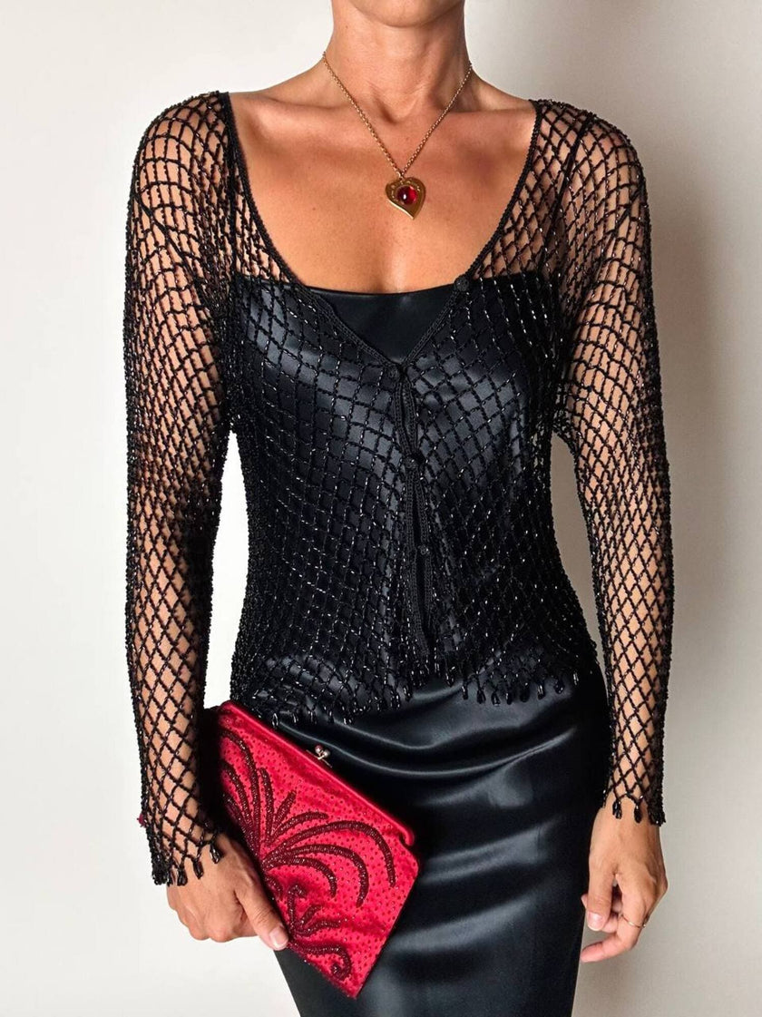 Giacca gioiello vintage in rete di perline nera Byblos Blu