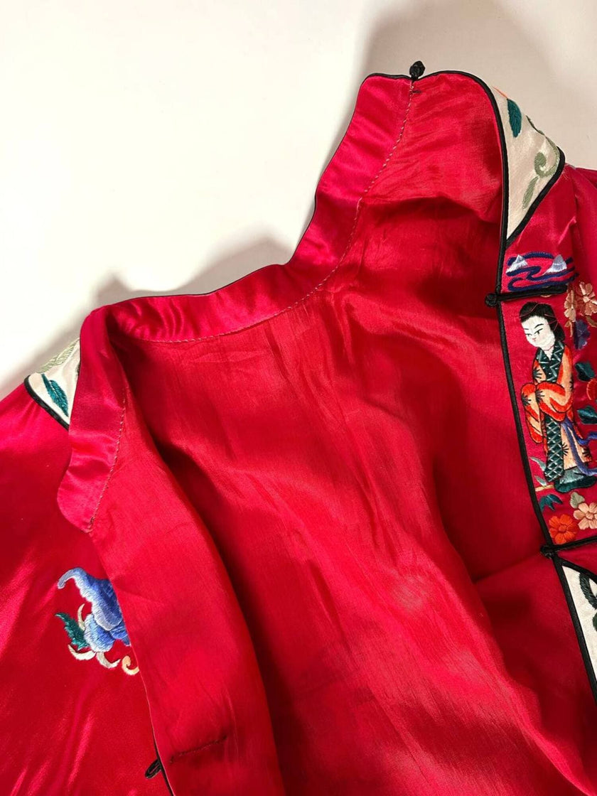 Giacca kimono vintage cinese in raso di seta rossa ricamata a mano