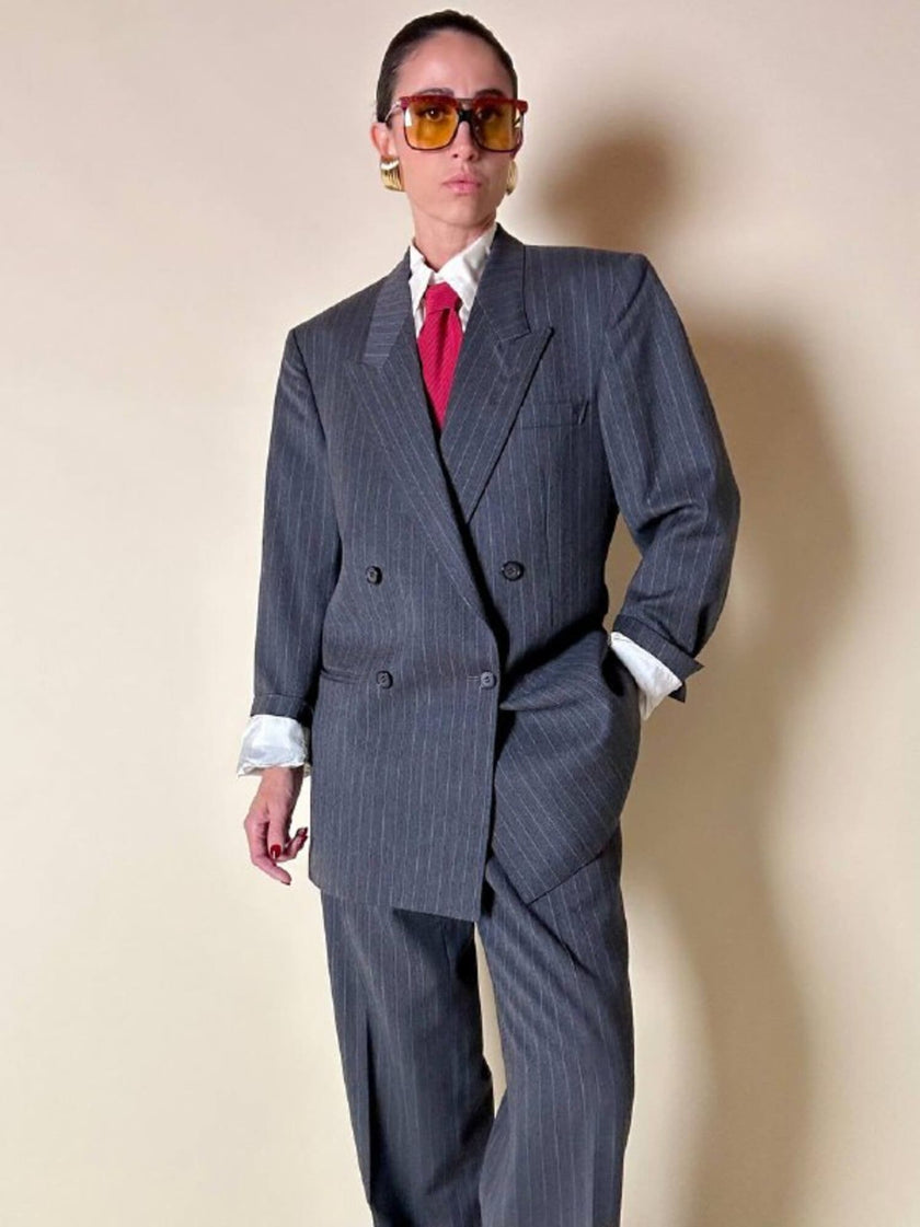 Tailleur gessato in lana grigio antracite “Yves Saint Laurent”