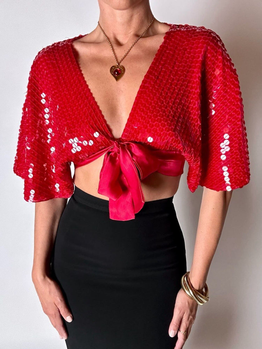 Top-Bolero vintage rosso con taglio a mantellina in seta ricamato con paillettes