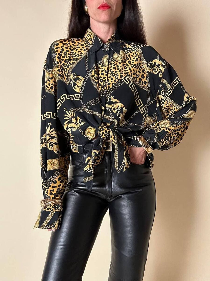 Camicia in seta opaca nera fantasia barocca