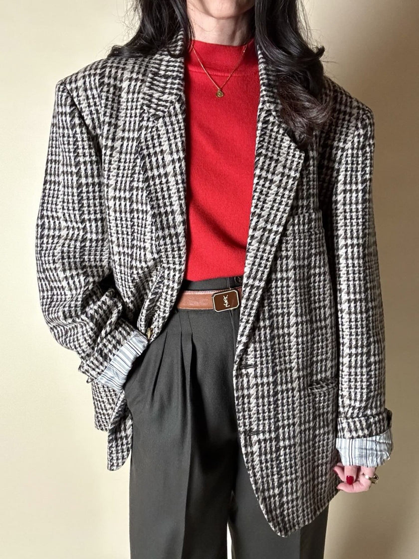 Blazer oversize in lana check beige e marrone con fodera fantasia uccellini