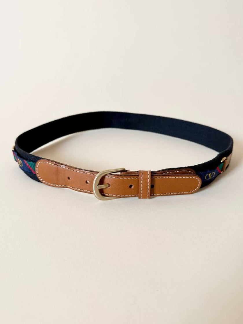 Cintura Valentino Garavani in pelle cuoio e tessuto con ribbons regimental logati
