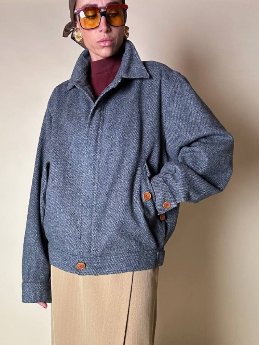 Bomber Yves Saint Laurent in lana grigio mélange con bottoni color cuoio