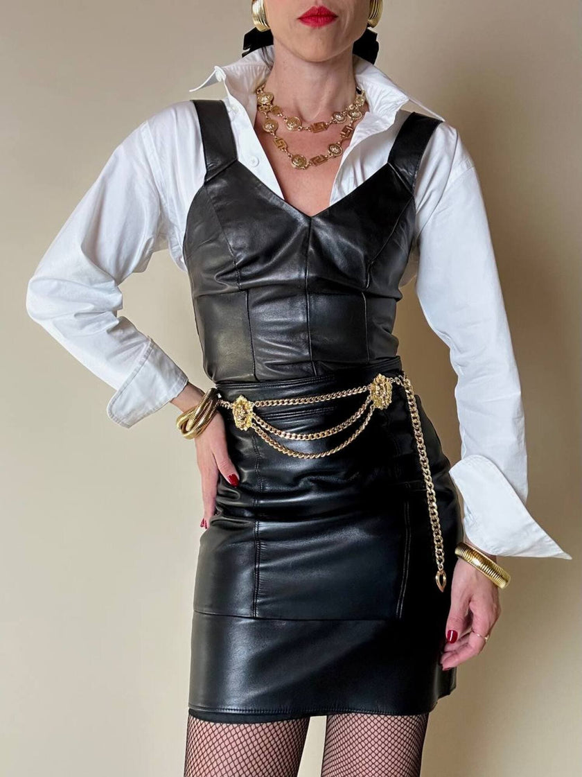 Minigonna a vita alta in pelle nera “Gianni Versace”
