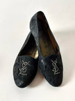 Ballerine slipper Yves Saint Laurent jacquard in tela nera animalier con monogramma YSL in strass