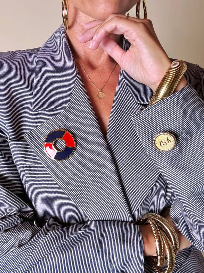 Blazer Yves Saint Laurent fantasia doppiopetto a righe bianche e blu con bottoni dorati