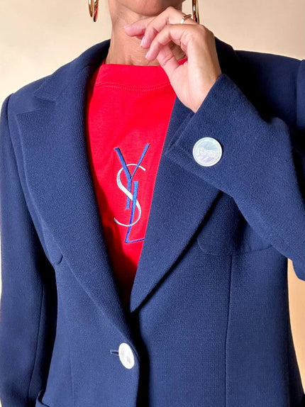 Blazer Yves Saint Laurent vintage blu oltremare con bottoni logati di madreperla