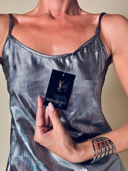 Canotta/mini dress in tessuto ologramma iridescente “Yves Saint Laurent”
