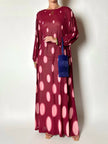 Maxi abito vintage Gottex in cpêpe amarena con maxi pois irregolari rosa