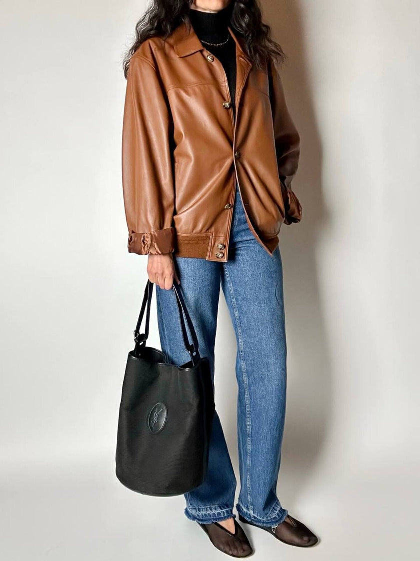 Secchiello vintage Yves Saint Laurent in tessuto nero millerighe con riporti in pelle