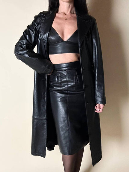 Cappotto/Robe Manteau vintage in pelle nera con spacco posteriore The Bomb