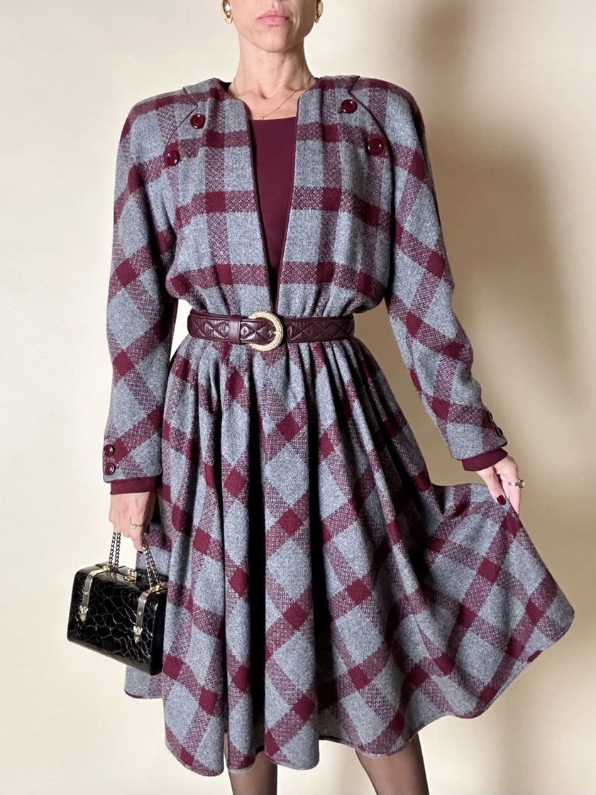 Abito Velentino Boutique in lana fantasia check grigio e bordeaux