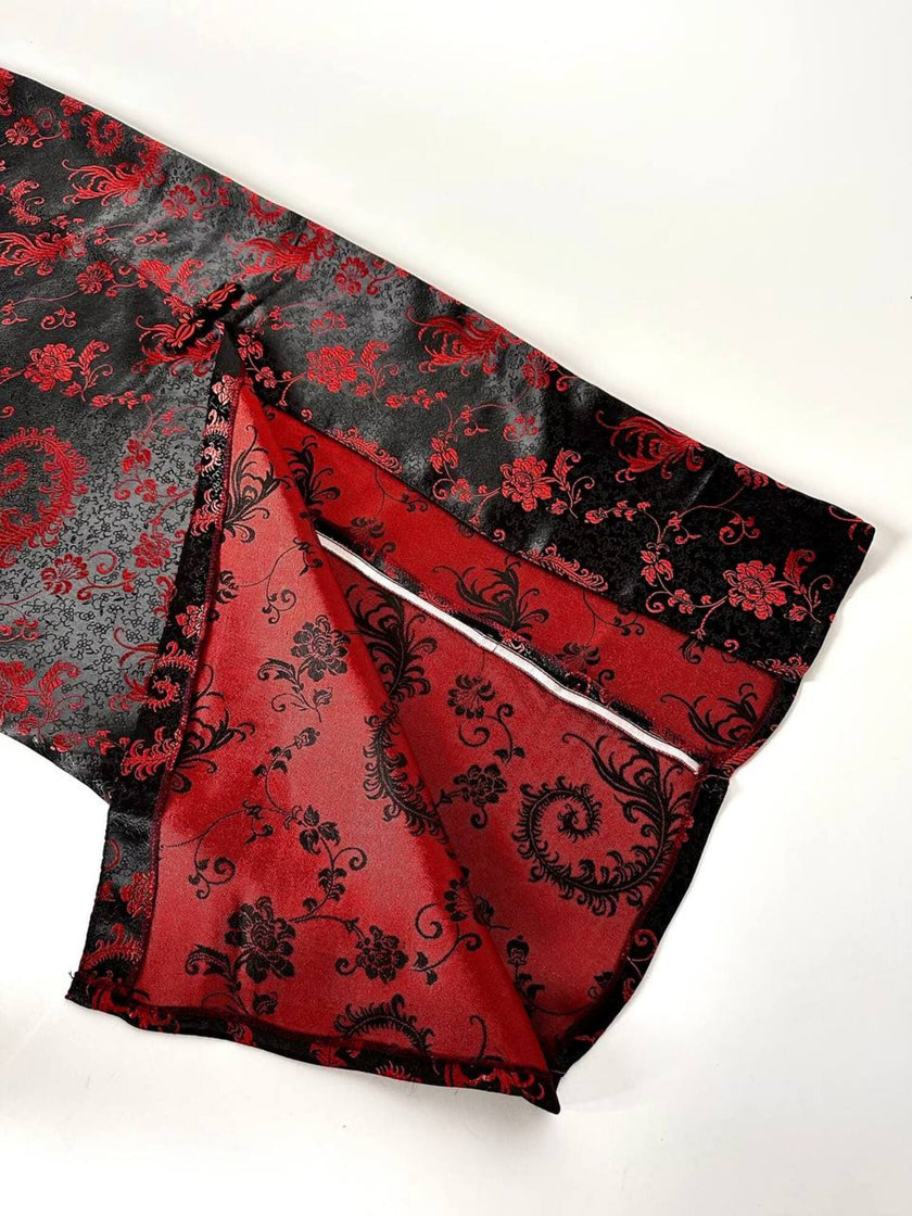 Gonna lunga a tubino in raso jacquard nero e rosso fantasia floreale