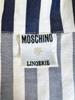Moschino blue and white striped wrap blouse with embroidered peace symbol