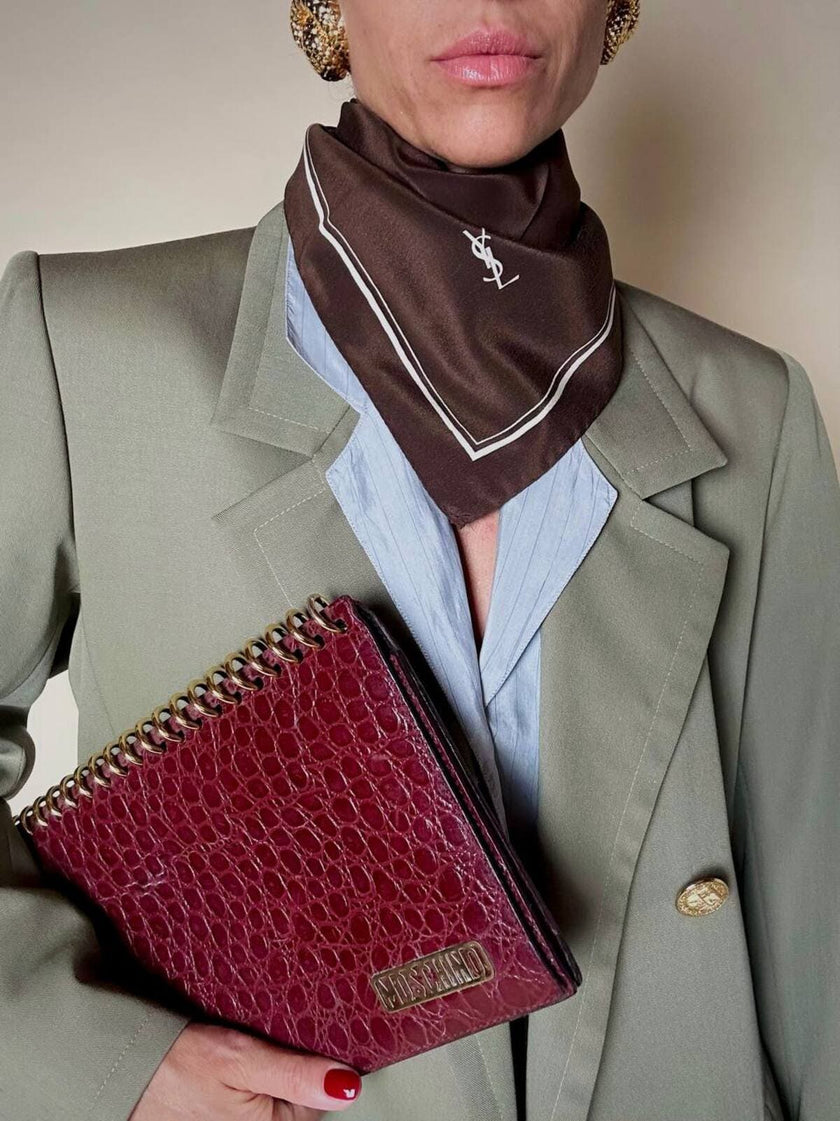 Carrè in seta marrone con profili bianchi “Yves Saint Laurent”