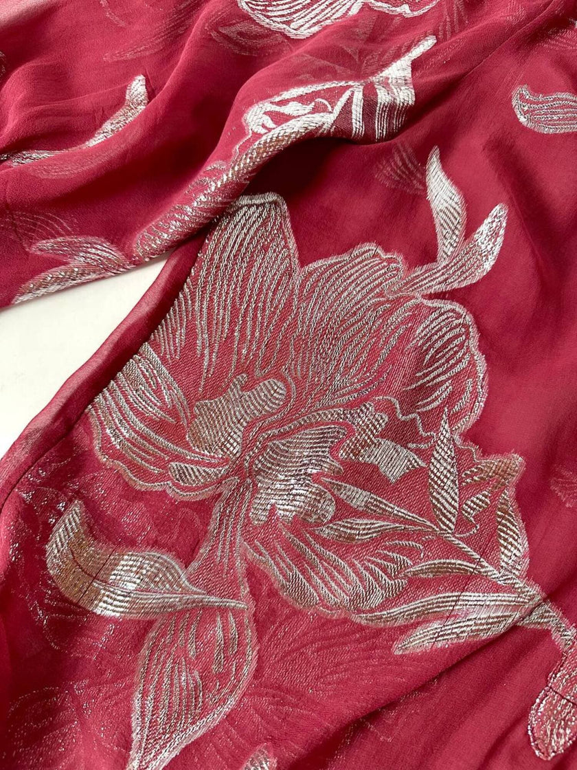Blusa vintage Hale Bob in chiffon bordeaux fantasia floreale in lamé argento
