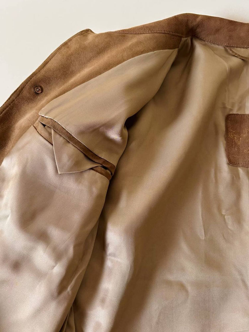 Giacca trucker in pelle scamosciata tabacco con bottoni effetto berlebeck