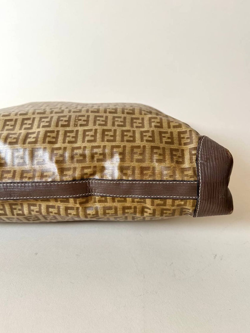 Tote bag vintage Fendi in tela monogram e marrone con finiture in pelle tortora
