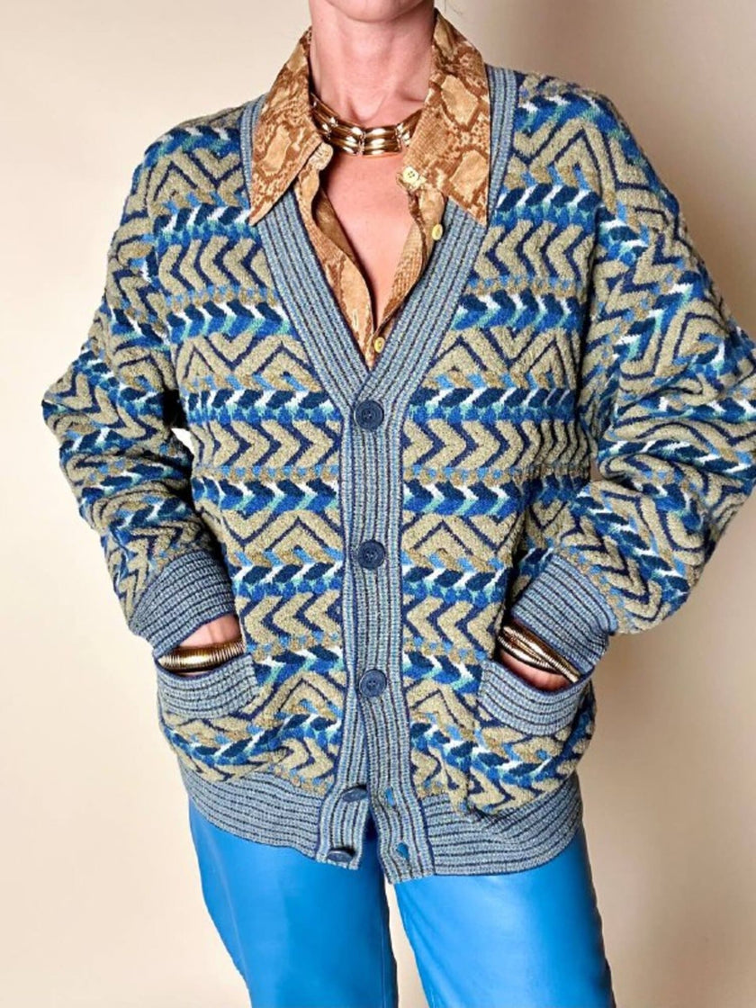 Cardigan Missoni Sport con pattern geometrico e trama tridimensionale nei toni del verde e blu