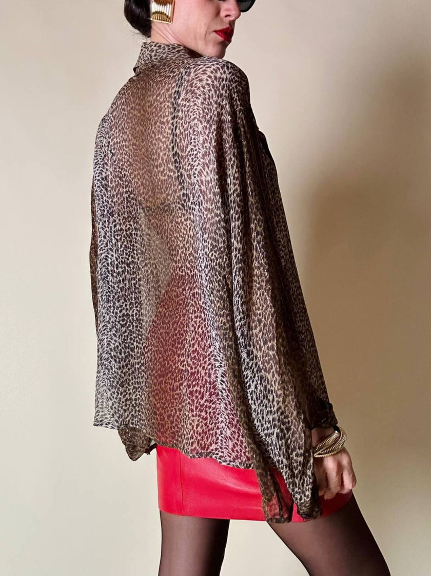 Camicia leopardata in chiffon operato con fili di lamè oro