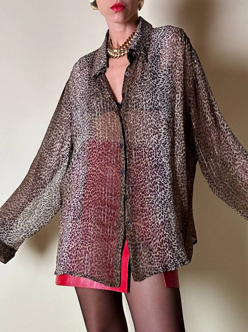 Camicia leopardata in chiffon operato con fili di lamè oro