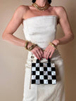 Bolso vintage de cuadros blancos y negros en nácar y cuerno natural