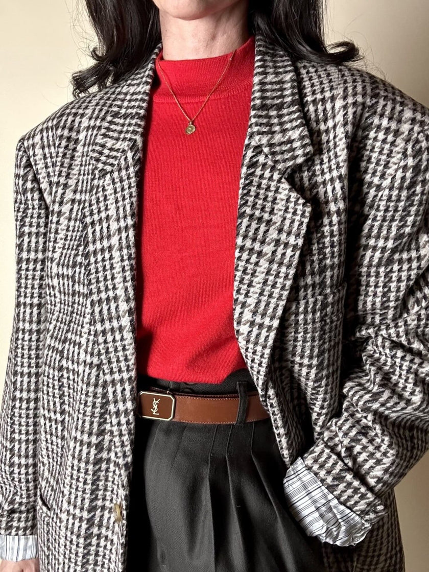 Blazer oversize in lana check beige e marrone con fodera fantasia uccellini