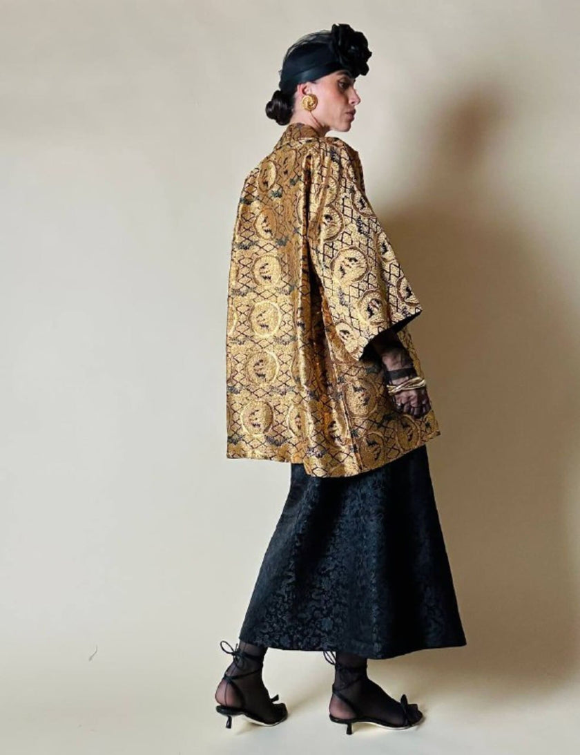 Abito a fascia in broccato di seta nero fantasia orientale