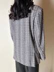 Blazer oversize in lana check beige e marrone con fodera fantasia uccellini