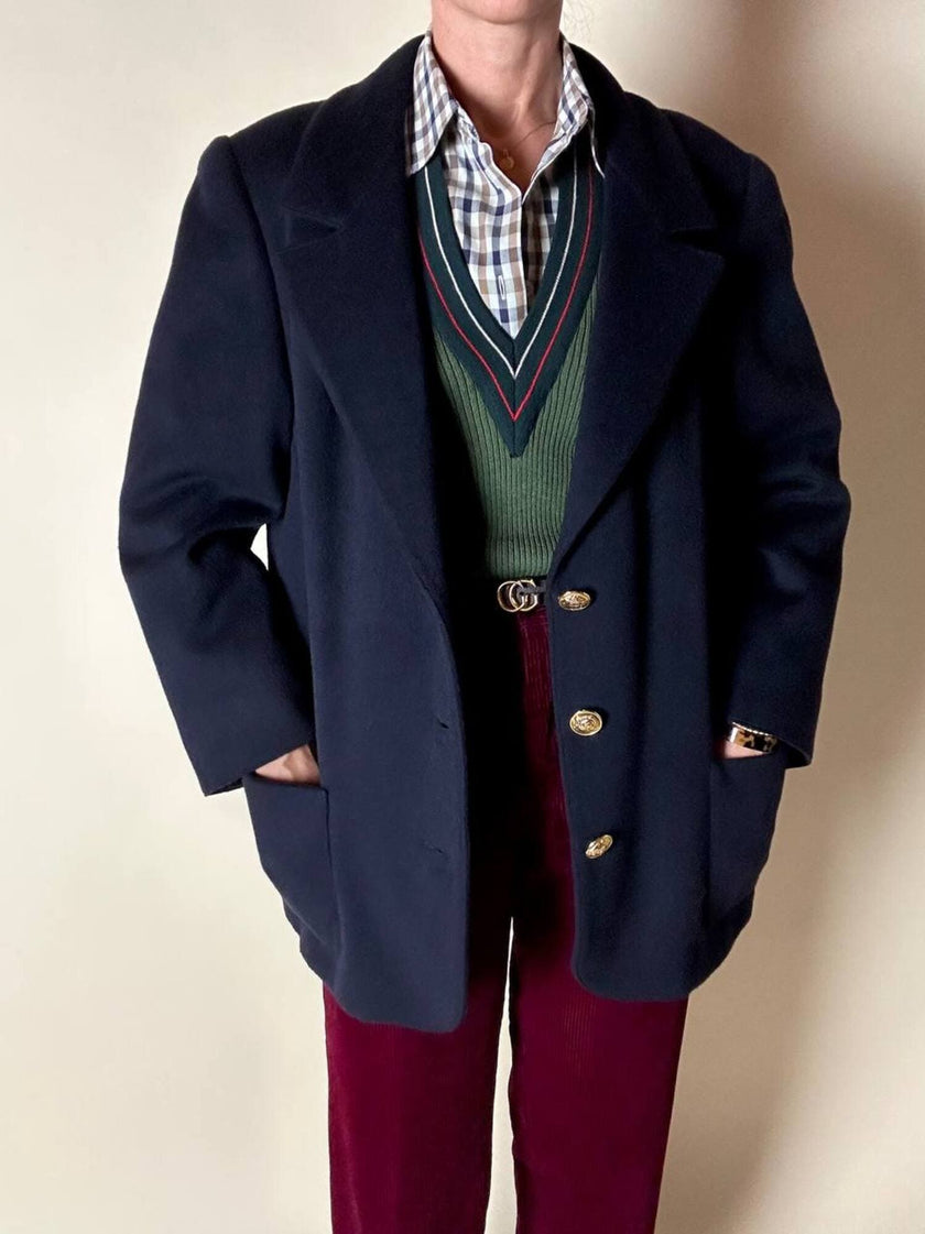 Blazer in lana e cachemire blu notte con bottoni gioiello dorati con testa di medusa