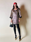 Mini dress oro in tessuto operato con profili neri in raso nero  “Yves Saint Laurent”