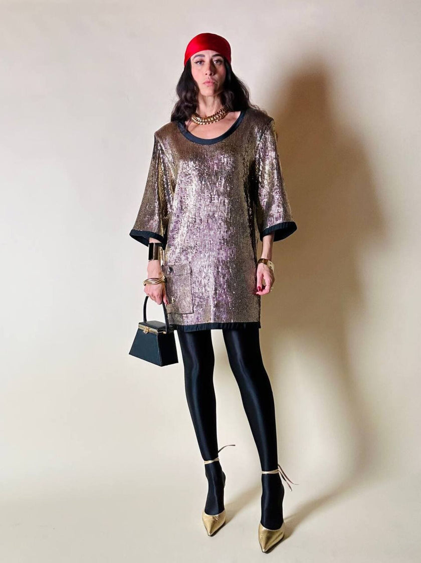 Mini dress oro in tessuto operato con profili neri in raso nero  “Yves Saint Laurent”