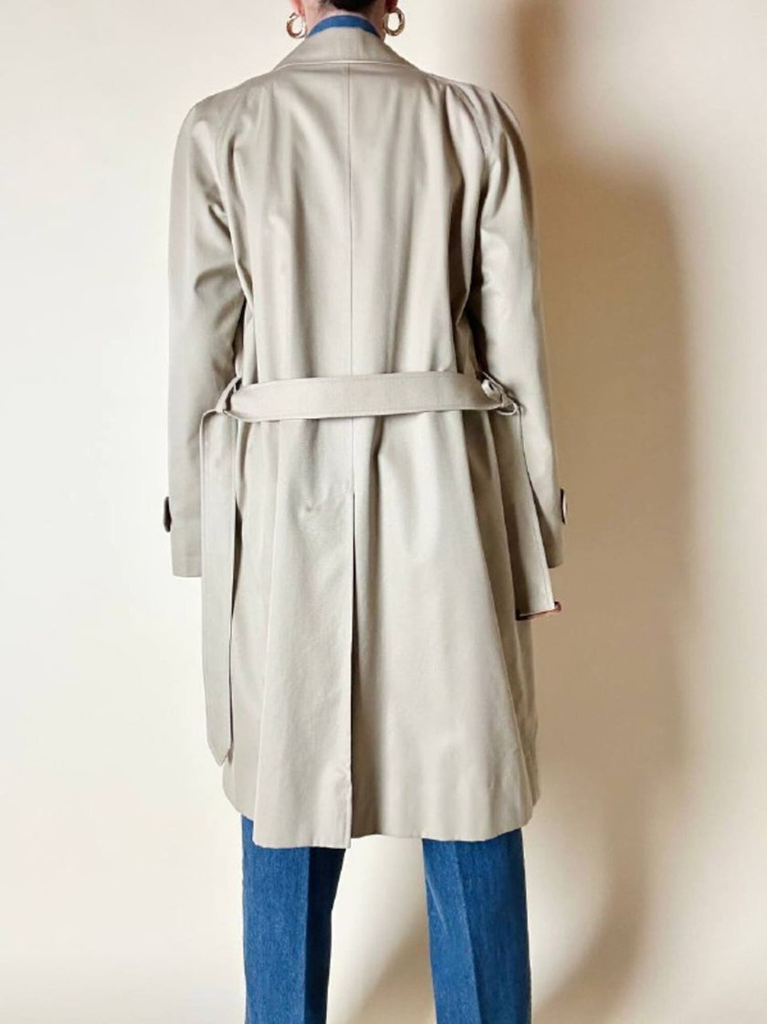 Vintage Burberry’s beige quill gabardine trench coat with matching belt and Check lining