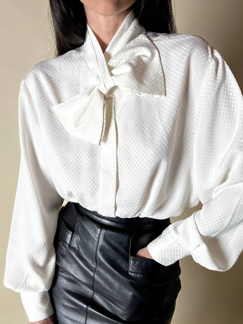 Camicia vintage con maxi fiocco in tessuto jacquard bianco Evan Picone