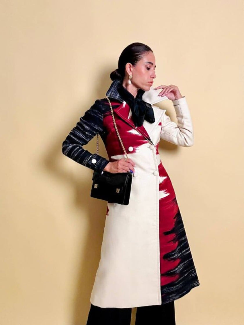 Cappotto redingote in lana fantasia astratta