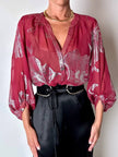 Blusa vintage Hale Bob in chiffon bordeaux fantasia floreale in lamé argento