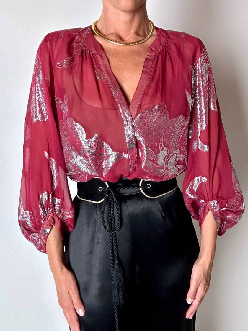 Blusa vintage Hale Bob in chiffon bordeaux fantasia floreale in lamé argento