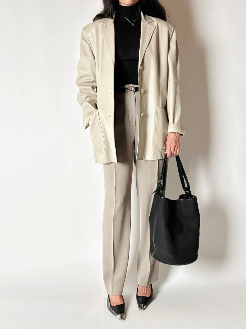 Pantalone Studio 0001 Ferré a vita alta con pince in tessuto operato greige