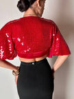 Top-Bolero vintage rosso con taglio a mantellina in seta ricamato con paillettes