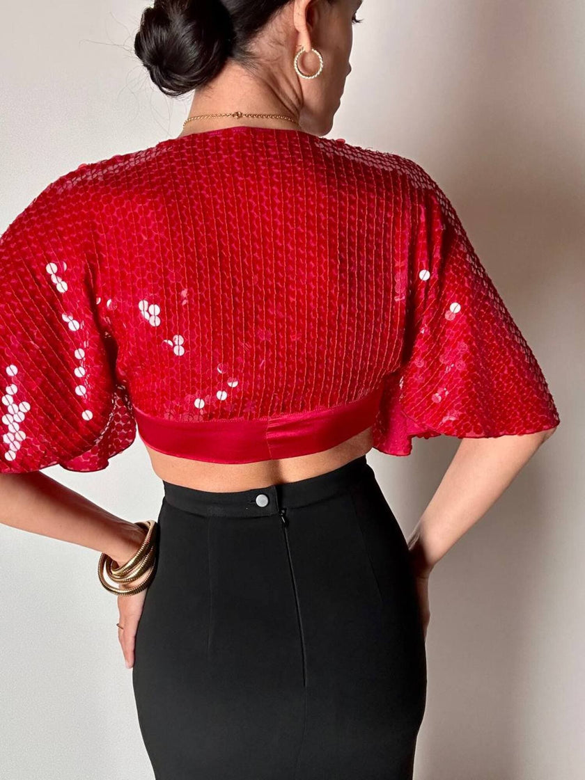 Top-Bolero vintage rosso con taglio a mantellina in seta ricamato con paillettes