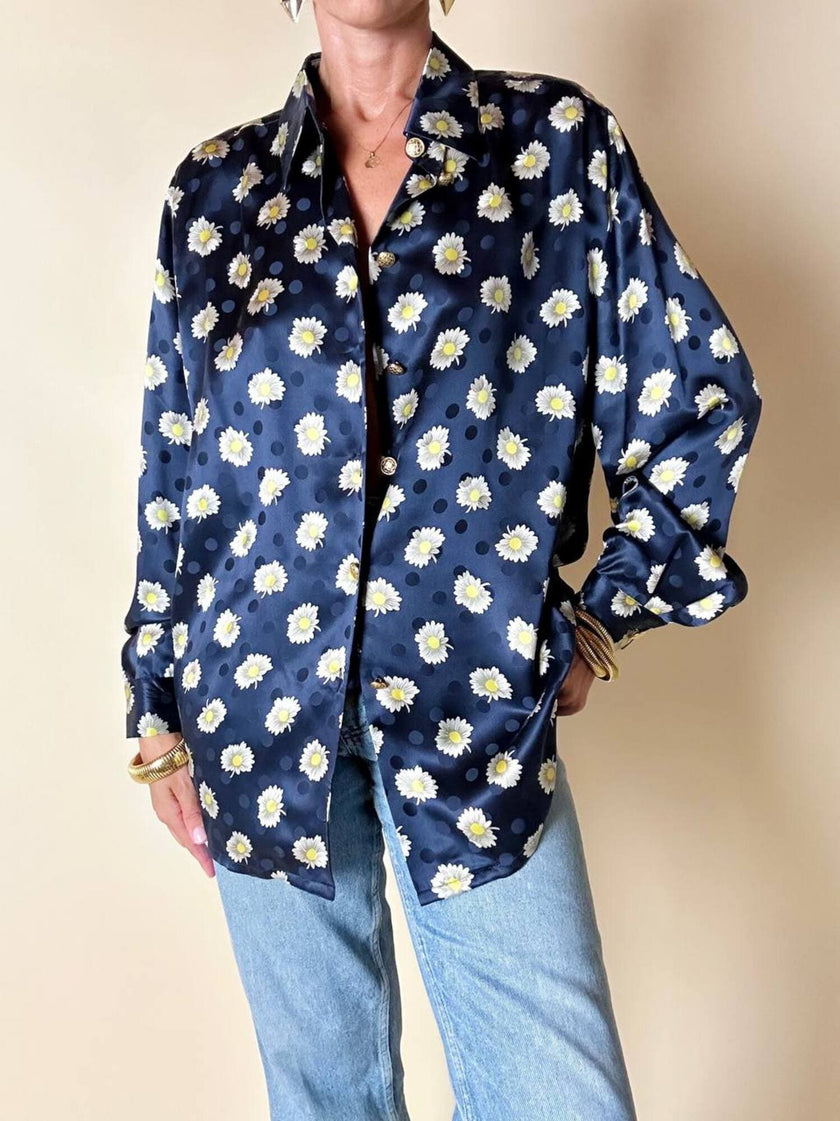 Camicia in raso di seta Jaquard blu notte fantasia margherite