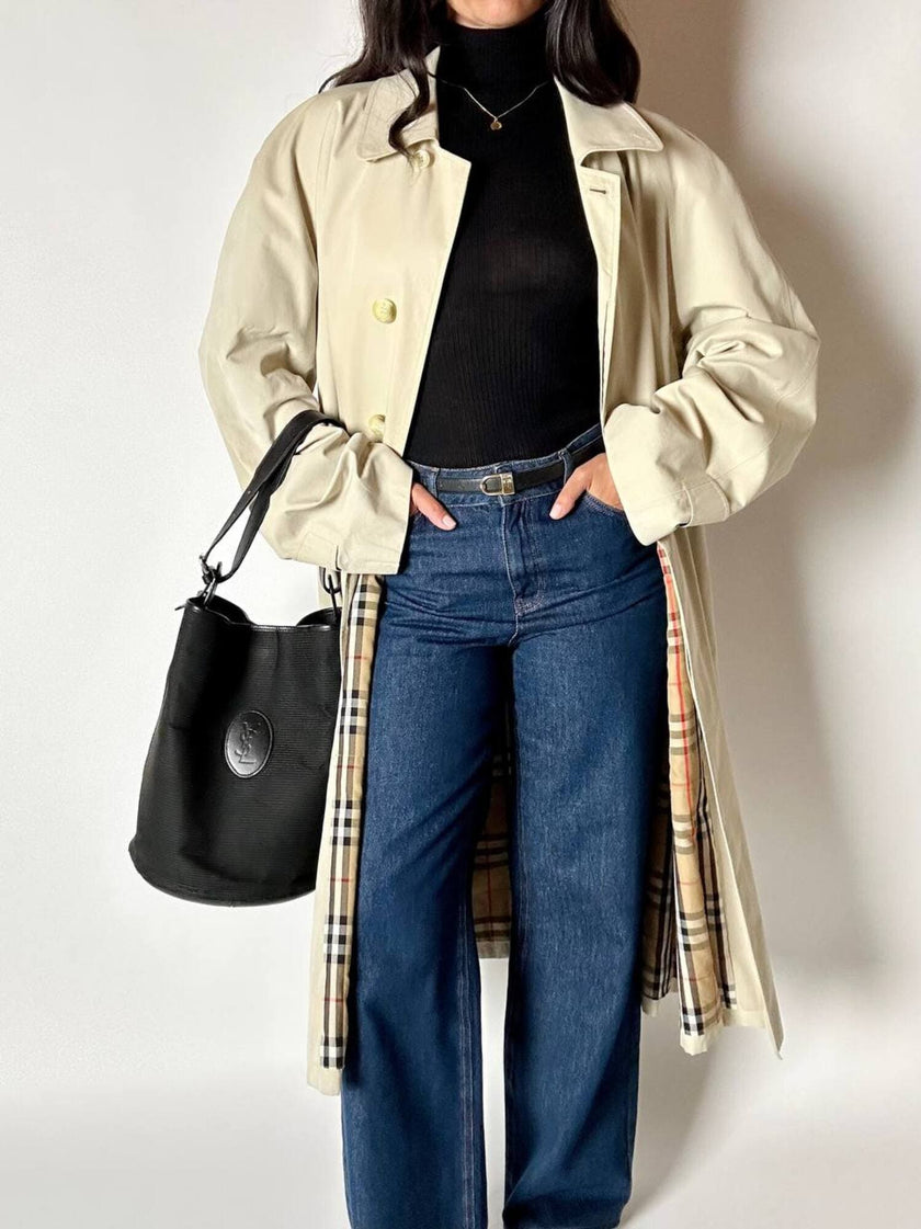 Secchiello vintage Yves Saint Laurent in tessuto nero millerighe con riporti in pelle