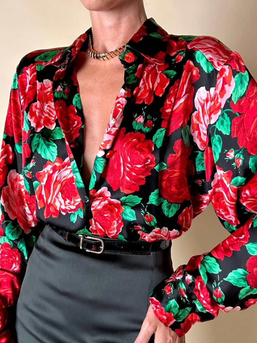 Camicia satroriale in raso di seta fantasia rose rosse