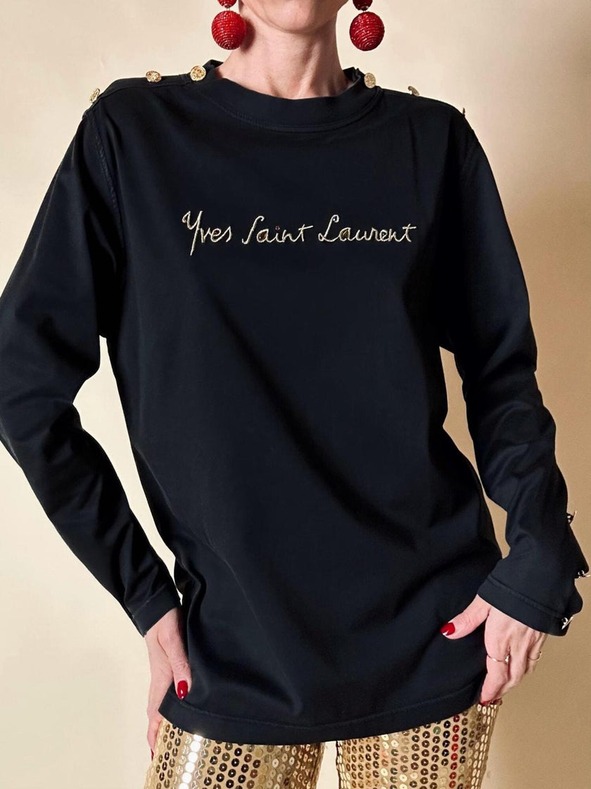 Maglia in cotone nero con bottoni dorati “Yves Saint Laurent”