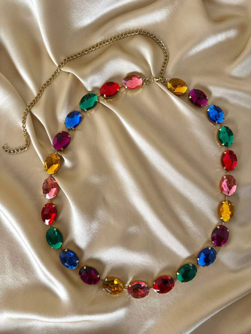 Cintura in catena dorata con strass multicolor
